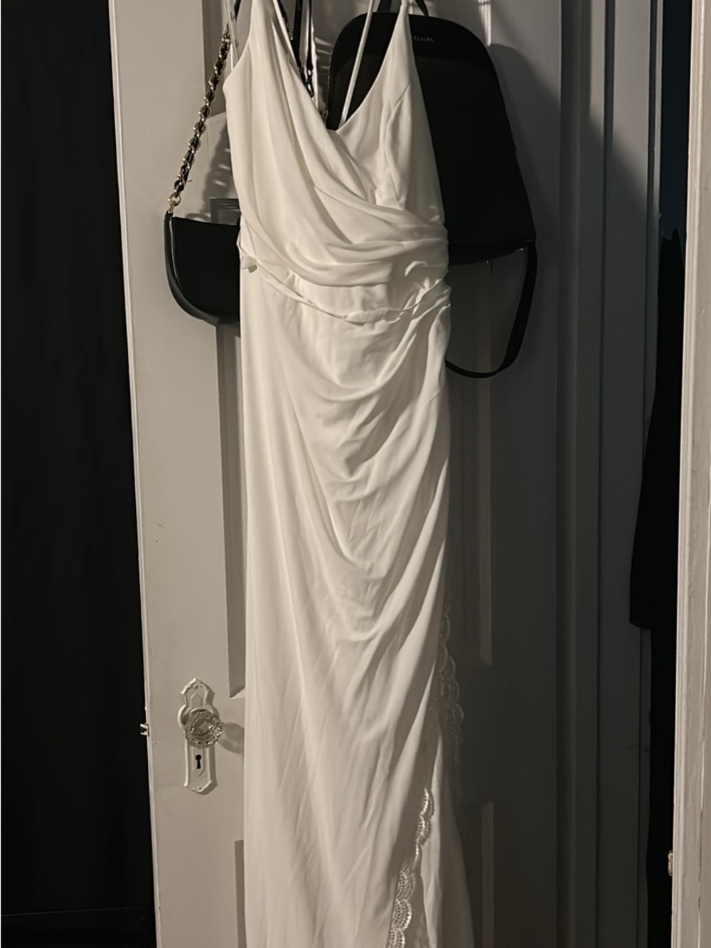 White Draped V-Neck Maxi Dress with Lace Trim
